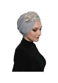 Resim Elysianfidan Astarlı İşlemeli Açık Gri - Pudra Dantel Motifli Hazır Türban Tesettür Abiye Bone Açık Gri - Pudra 