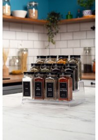 Resim 12'li Şeffaf Merdiven Standlı Cam Baharatlık Seti Siyah Kapaklı Etiketli Baharatlık Takım Mh05syh12 Siyah - Şeffaf 