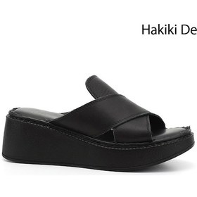 Resim Gönderi R Siyah Dolgu Taban Hakiki Deri Terlik Siyah 