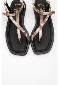 Resim Luvishoes Luvi Shoes Jamie Kahverengi Bej Desenli Hakiki Deri Kadın Parmak Arası Sandalet Bej - Kahverengi 