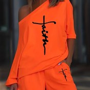 Resim Kadınlar için Rahat Omuzdan Düşük Harf Baskılı Moda Takımı - Turuncu Bluz Siyah Haç Tasarımı ve Eşleşen Şort, Hafif Polyester, Bahar/Yaz Kıyafeti, Rahat Kıyafet | Omuzdan Düşük Moda | Örgü Yapımı 