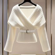 Resim Kadınlar için Dar Kesim V-Yaka Üstü Ayarlanabilir Bel Kemeri ile - Yumuşak Uzun Kollu Her Mevsime Uygun Çok Yönlü Üst, Avrupa Esintili Zarafet Günlük ve Resmi Giyim İçin, Sonbahar Kıyafeti, Şık Dokuma, Kaliteli İşçilik 