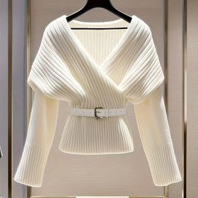 Resim Kadınlar için Dar Kesim V-Yaka Üstü Ayarlanabilir Bel Kemeri ile - Yumuşak Uzun Kollu Her Mevsime Uygun Çok Yönlü Üst, Avrupa Esintili Zarafet Günlük ve Resmi Giyim İçin, Sonbahar Kıyafeti, Şık Dokuma, Kaliteli İşçilik 