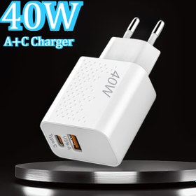 Resim USB C Duvar Şarj Bloğu 40W, Çift Portlu PD Güç Dağıtımı Hızlı Tip C Şarj Bloğu Adaptörü iPhone 16/15/14/13/12/11/Pro Max, XS/XR/X, iPad Pro, Airpods Pro, SamSung, Xiaomi, Oppo, VIVO, Android Telefonlar için (Beyaz) 