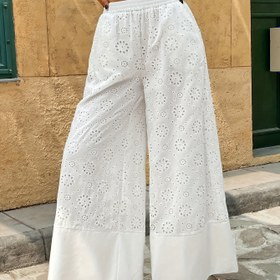 Resim Kadınlar için Rahat Dantel Geniş Bacaklı Pantolon - Çiçek Nakışlı Beyaz, Cep Detaylı, Bahar/Yaz/Sonbahar İçin Mükemmel, Rahat Kıyafet|Çiçek Nakışlı Pantolon|Süslü Cep Detaylı, Bayanlar Rahat Pantolon 