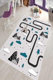Resim Pelangi Gri Çadır Ve Trafik Yollu Yıkanabilir Kaymaz Taban Leke Tutmazbebek Ve Çocuk Odası Halısı, Gri-Mavi 40 x 40, 9013570844040 