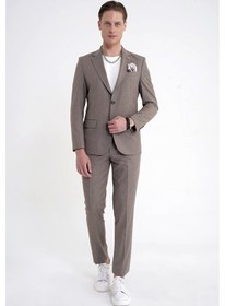 Resim Efor Slim Fit Mono Yaka Esnek Yünlü Bej Çizgili Takım Elbise Tk 942 