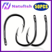 Resim 50 Adet Dayanıklı Natufish Tuzlu Su Balıkçılık Kancaları - Ofset Olmayan Yardımcı Daire Kanca, Paslanmaz Siyah Kancalar Canlı Yem, Tonbalığı, Marlin, Levrek İçin - Deniz ve Tatlısu Kullanımı için Profesyonel Balıkçılık Ekipmanı, Şık Tasarım, Yüksek Karbon Çelik 