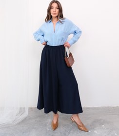 Resim Beli Lastikli Geniş Kesim Kloş Double Krep Pantolon Etek 5187 - Lacivert - Lacivert / L-XL 