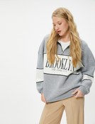 Resim Şardonlu Kolej Oversize Yarım Fermuarlı Sweatshirt Dik Yaka Renk Kontrastlı 