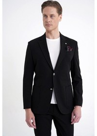 Resim Comfort Fit Çift Yırtmaç Torba Cep Metal Düğmeli Siyah Blazer Ceket C 734 