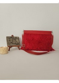 Resim Kırmızı Tüylü,suni Deri Altıgen Yaylı Burslu Kadın Clutch Çanta Kırmızı 