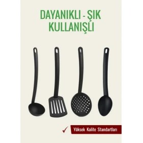 Resim 4’lü Mutfak Seti – Kepçe, Kevgir, Spatula, Kaşık – 220°C Dayanıklı Siyah 