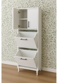 Resim Moda Kirli Sepetli 3 Kapaklı 2 Raflı Çok Amaçlı Ahşap Banyo Dolabı, Banyo Düzenleyici Çamaşır Sepeti Beyaz 