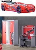 Resim Setay Formula Genç Odası - 3 Kapılı Dolap, Mercedes Full Ledli Arabalı Yatak, Masa - Kırmızı 
