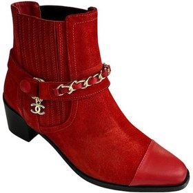 Resim Kırmızı Hakiki Süet Deri Zincir Detay Bot Kırmızı 