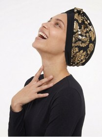 Resim elysianfidan Özel Tasarım Siyah Üzeri Altın Osmanlı Motifli Astarlı Hazır Türban Tesettür Abiye Bone 