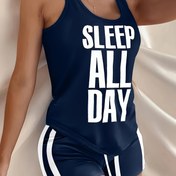 Resim 2 adet Kadın Yaz Pijama Seti "GÜN BOYU UYU" Baskısı ile - Slim Fit, Esnek ve Rahat, Kolsuz Üst ile Drawstring Şort, Ev ve Casual Lounge Giyim için Mükemmel 