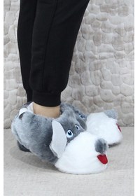 Resim Fort Sevimli Köpek Figürlü Peluş Panduf Hayvanlı Yumuşak Kadın Panduf Gri 