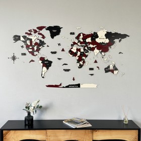Resim 3D Ahşap Dünya Haritası Çok Katmanlı (Bordo-Krem-Siyah Tonlar) - 200x107 cm / Türkçe 