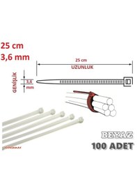Resim 100 Adet 25cmx3,6mm Beyaz Plastik Cırt Kelepçe Kablo Bağı 