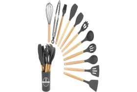 Resim 18'parça Silikon Kaşık Fırça Çırpıcı Spatula Maşa Kepçe Kevgir Servis Seti Bambu Saplı Mutfak Takımı 