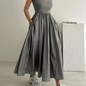 Resim Kadınlar için mükemmel, rahat ve resmi giyim, detaylı konstrüksiyonlu, ruched bel, akıntılı etekli, fransız tarzında, kolsuz, maxi elbise - Gri, spagetti askılı, cepli detaylı, yetişkin kadınlar için ideal 