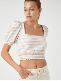 Resim Koton Crop Bluz Beli Lastikli Turuncu Çizgili 2sak60288cw 2SAK60288CW2S0 