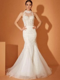 Resim Jill Modern Halter Yaka Balık Kesim Gelinlik - Fildişi Beyaz / 46 