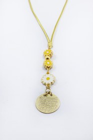 Resim biuti Sarı, Beyaz Papatya Aksesuarlı Metal Ayetel Kürsi Araba Dikiz Ayna Süsü, Gold Renkli 