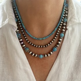 Resim 3-Katlı Vintage Navajo CCB Boncuklu Sentetik Turkuaz Kolye, Kadınlar için El Yapımı Moda Takı, Klasik Stil, Tatil Temalı, Kaplama Yok, Ayar Yok, Boncuklu Gövde, Pilsiz, Günlük Giyme ve Hediye Verme için Mükemmel, Sonbahar Mevsimi 