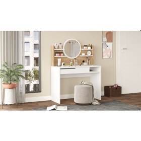 Resim Bohem Makyaj Masası 100cm Aynalı Raflı Çekmeceli Sepet-beyaz Boh28-sw Beyaz - Kahverengi 