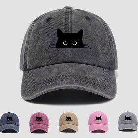 Resim 1 adet, Şirin Kedi Baskılı Yıkanmış Beyzbol Şapkası, Modaya Uygun Tüm Mevsim Açık Hava Piknik Parti Şapkası, Hafif Polyester Fermuar Kapatma, Esnek Tek Renk Tasarım, Dokuma Örgü 