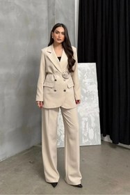 Resim buqre's moda Kadın İkili Blazer Ceket Pantolon Takım Aksesuar Gül ve Düğme Detaylı Bol Paça 