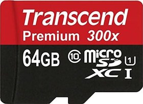 Resim Transcend Premium Class 10 microSDXC 64 GB hafıza kartı, SD adaptörlü (UHS-I, 45 Mbps okuma hızı) [Amazon hayal kırıklığı yaratmayan ambalaj] 
