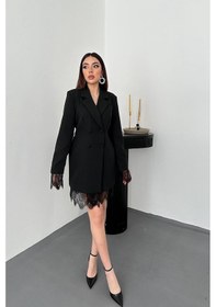 Resim Cemo Kadın Kruvaze Yaka Dantel Detaylı Blazer Elbise Siyah 