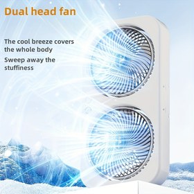 Resim Çift Başlı Taşınabilir USB Fan, Ayarlanabilir Hız, Şarj Edilebilir 1800mAh Pil, USB Şarj, ≤36V Çalışma Gerilimi, İç ve Dış Mekan Kullanımı İçin Asma Kancası ve Stand Dahil 