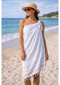 Resim Elmas Desenli Pamuk Peştemal Plaj Havlusu 100x170 Cm Pareo Kullanımına Uygun Bej 