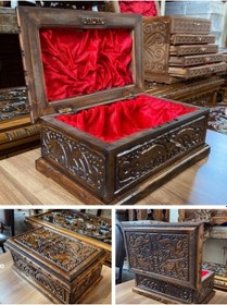 Resim Takı Kutusu Mücevher Sandığı Kilitli Ahşap Ceviz El Oyması Motifli Ahşap Sandık Hediyelik 24 Cm 