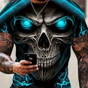 Resim Erkekler için 3D Kafatası Baskılı Tişört - Keskin Mavi Gözlü, Tehlikeli Tasarım, Yuvarlak Yaka, Geniş Kesim Kısa Kollu Tişört, Hafif Polyester, Halloween ve Gotik Moda Tutkunları için Mükemmel, Kafatası Dekoru 