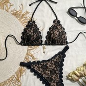 Resim Plaj tatili için seksi ve şık iki parçalı bikini setleri, moda çiçek desenli dantel mayo, kadınların mayo ve kıyafetleri 
