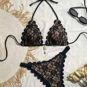 Resim Plaj tatili için seksi ve şık iki parçalı bikini setleri, moda çiçek desenli dantel mayo, kadınların mayo ve kıyafetleri 