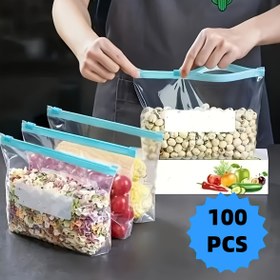Resim 100 Adet Yeniden Kullanılabilir Şeffaf Saklama Torbası - Dayanıklı Plastik, Renkli Etiketler, Meyve, Sebze, Fasulye ve Yemek Hazırlama Düzenleme Keseleri 