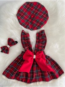 Resim Moda Lina Kız Bebek Dantelli Kırmızı Ekose Elbise Bandana Şapka Set 