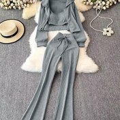 Resim Kore Tarzı Moda Seti: İnce Kesim Fermuarlı Kapüşonlu Spagetti Askılı Sweatshirt ve Yüksek Bel Geniş Paça Pantolon 