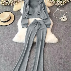 Resim Kore Tarzı Moda Seti: İnce Kesim Fermuarlı Kapüşonlu Spagetti Askılı Sweatshirt ve Yüksek Bel Geniş Paça Pantolon 