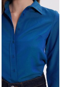 Resim Tudors Kadın Slim Fit Dar Kesim Uzun Kollu Pamuklu Vücuda Oturan Dokulu Açık Petrol Basic Gömlek-38819 Petrol 