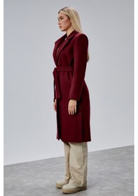 Resim Kadın Bordo Kuşaklı Düğmeli Uzun Kaban Bordo 