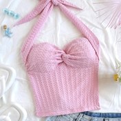 Resim Kadınlar için yazlık düz renkli ruched kolsuz top, büyük kurdele detaylı - Şık kolsuz elyaf tank, rahat veya şık kıyafetler için, polyester kumaş, hafif pembe, rahat yazlık top | Ruched tasarım | Örgü yapımı, bayanlar için tank top 