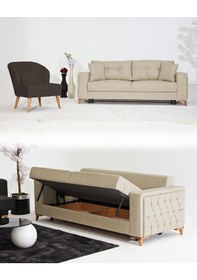 Resim Nola Koltuk Takımı 3+1 & Bazalı Yataklı Koltuk & Kanepe - Keten Kahverengi-krem 